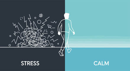 Person transitions from chaotic stress to serene calm, symbolizing mental health journey and emotional wellbeing with mindful steps forward.