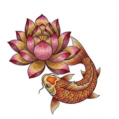 Beautiful of Cute Colorful Koi with Lotus Blossom in Artistic Style