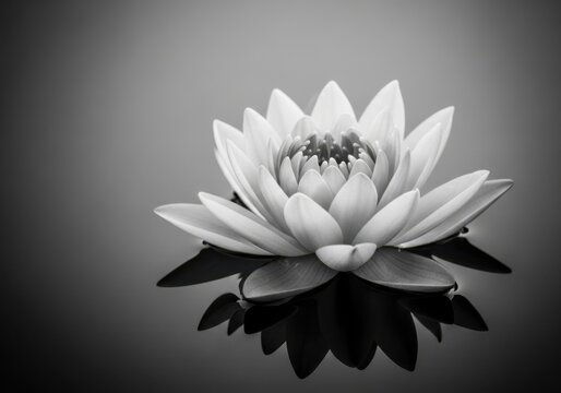 Monochrome lotus flower with reflection in water, a symbol of purity and peace. Black and white lotus flower floating on water with reflection