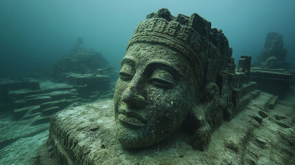 Discover an ancient underwater city with serene Buddha statue, perfect for travel blogs, history documentaries, or spiritual retreats advertising