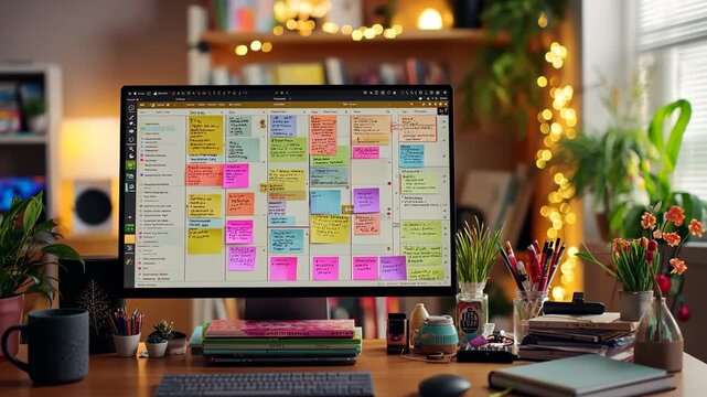 Generative AI. Colorful sticky notes arranged on a digital planner displayed on a modern desk, surrounded by stationery and plants, creating an organized workspace atmosphere