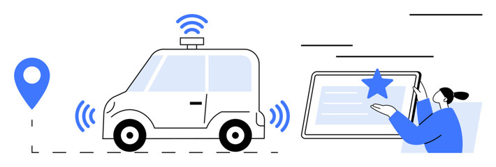 Self-driving car with wireless signals, GPS pin, tablet interface and user interaction. Ideal for technology, AI, innovation, transportation, autonomy navigation smart systems. Simple flat metaphor