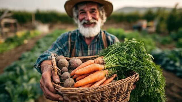 Generative AI. Elderly man with a gray beard proudly holding a basket of freshly harvested vegetables, including carrots and beets, in a lush green garden setting showcasing agricultural bounty