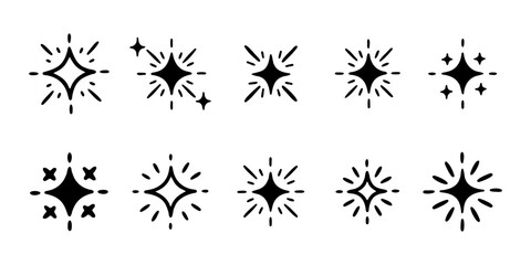 Set of Hand Drawn Sparkle and Shine Icons Collection Black Doodle Vector