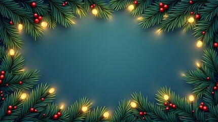 Christmas Holiday Frame with Pine Branches, String Lights  Red Berries on Dark Blue Background
