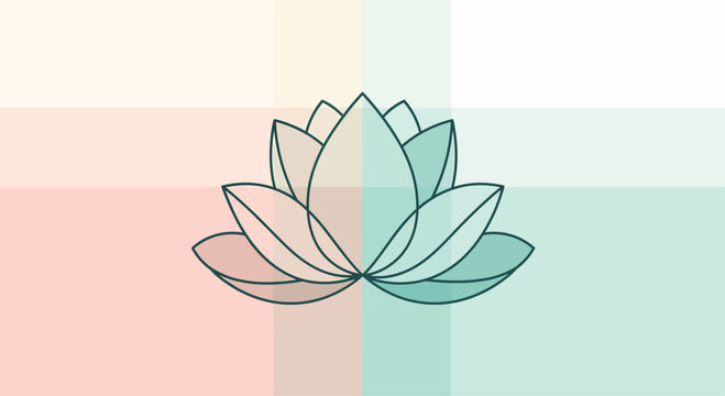 Lotus flower blooming in pastel colored quadrants representing balance and harmony in a minimalist style, evoking tranquility and peace.