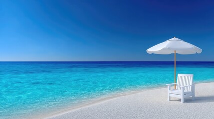 Single White Beach Chair Under a White Umbrella on a Pebble Beach with Turquoise Water and Clear Blue Sky