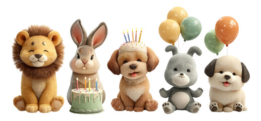 Cute and Colorful Cartoon Animals Celebrating with Balloons and Cake