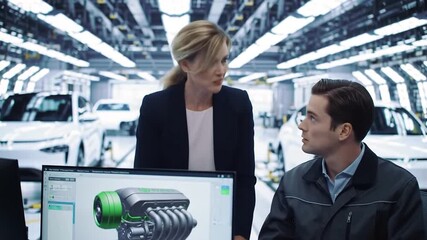 Two engineers a man and a woman collaborate in a modern car manufacturing plant reviewing a 3D engine design on a computer screen with new vehicles in the background symbolizing innovation and teamwo. - Powered by Adobe