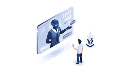 Futuristic AI Mentor Guiding User Through Digital Interface with Data Visualization