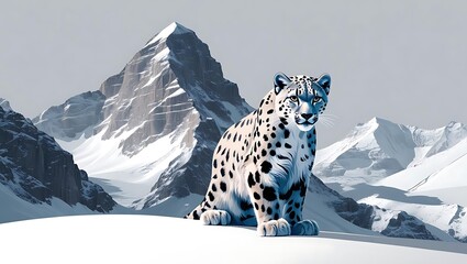 A beautiful snow leopard on a majestic snowy mountain peak
