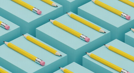 Yellow pencils creating isometric pattern on blue blocks