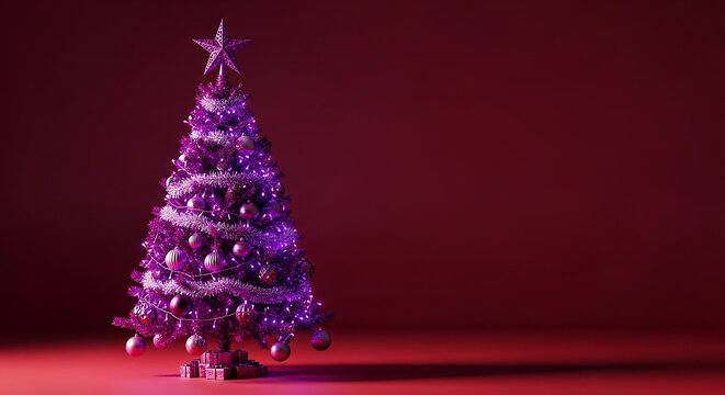 Purple christmas tree standing on red background