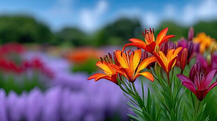 Vibrant orange and red lilies bloom in a lush green garden with soft focus purple flowers and trees in the background under a clear blue sky on a sunny day