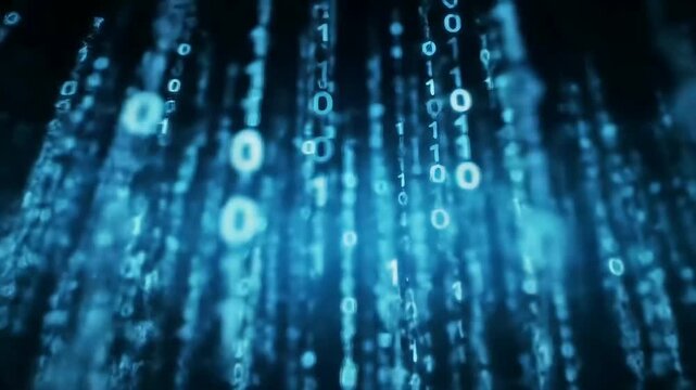 Abstract blue binary code streaming on a dark background. Glowing digital numbers 0 and 1 falling for technology and cyber security concepts.