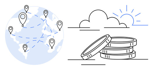Globe with location points linked by dotted lines, stack of coins, sun rising, clouds. Ideal for finance, business, globalization, networking, investments innovation sustainable growth themes