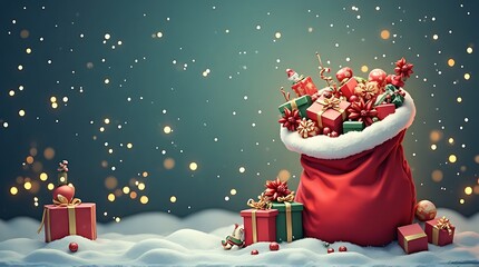 Abundant Christmas Gifts in Santa's Sack on Snowy Ground, Festive Background with Bokeh Lights and Copy Space