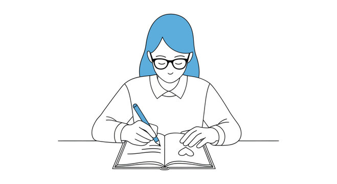 Woman writing in a notebook at a desk, focused on journaling and reflecting on her thoughts in a peaceful, minimalist style.