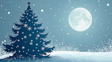 Magical Christmas Tree Winter Night with Full Moon and Falling Snowflakes