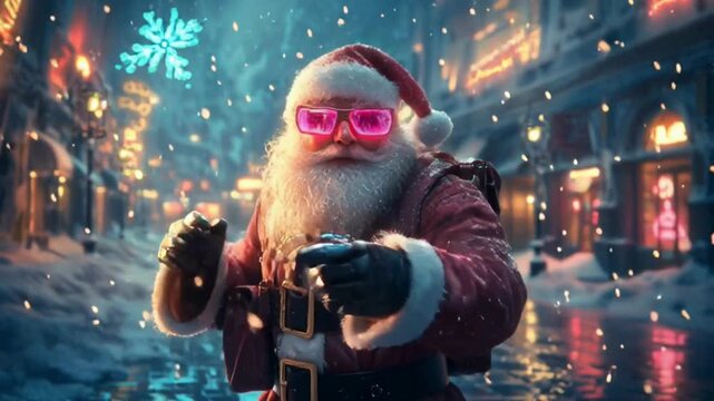 サイバーパンクの街で踊るサンタロボット｜未来的クリスマスの夜/Cyberpunk Santa Robot Dancing in a Futuristic Neon City on Christmas Night Generative AI