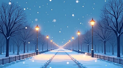 Serene Winter Wonderland Path with Falling Snow and Glowing Streetlights