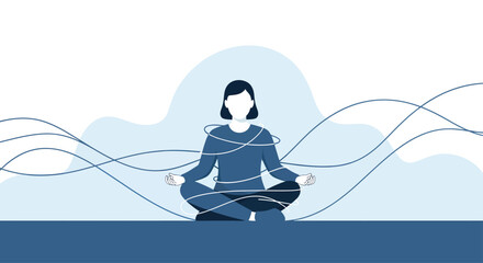 Woman meditates in lotus position while entangled in strings, representing mental stress and the need for mindfulness and inner peace in a calming blue tone.