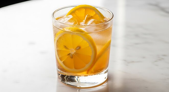 Refreshing citrus drink with ice and orange slices in a clear glass on a white table.
