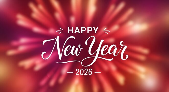 Happy new year 2026 with vibrant blurred red and orange fireworks celebration background