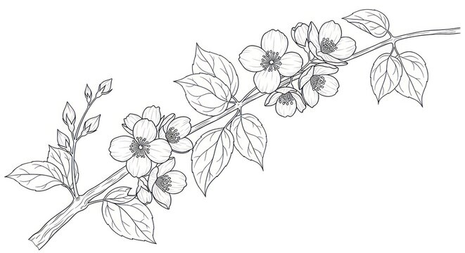 Elegant botanical illustration of delicate jasmine blossoms and leaves