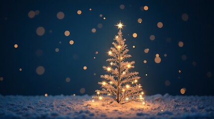 Magical Christmas Tree in Snowy Winter Night with Glowing Lights and Bokeh Background