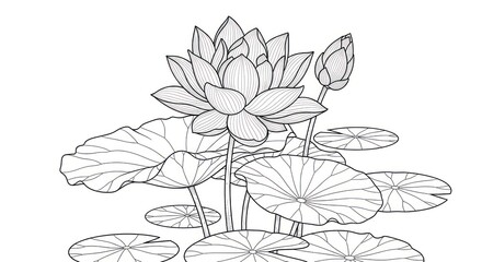 Obraz premium Elegant line art of lotus flowers and leaves on a white background