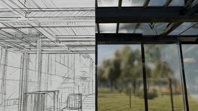 A split-screen reveals an architectural sketch and its rendered real-life vision