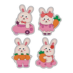 Cute cartoon pink rabbits with carrots and car
