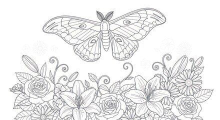 Fototapeta premium Elegant moth and floral arrangement design in black and white illustration