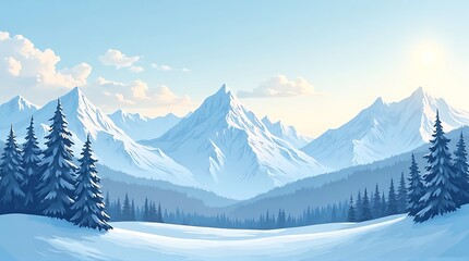 Majestic Winter Mountain Landscape Illustration, Snowy Peaks, Pine Forest, Serene Alpine Valley