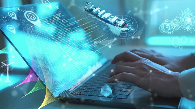 Hands typing on laptop with futuristic Big data cargo container ship showing global shipping logistics, AI integration, and big data analytics in smart supply chain and maritime transportation.