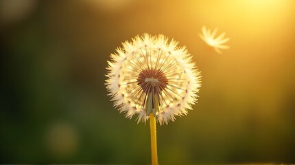 Dandelion Seed Head Blowing Seeds in Golden Sunlight, Backlit Nature's Wish and Hope