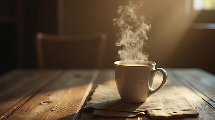 Cozy Steaming Coffee Mug on Rustic Wooden Table in Warm Sunlight