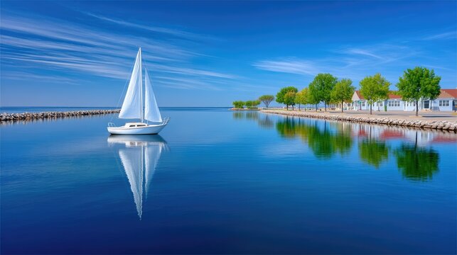 White Sailboat Glides Across A Deep Blue Calm Lake Near A Tree Lined Shore With White Buildings Under A Clear Sky With Wispy Clouds