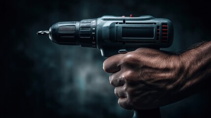 Naklejka premium Hand Holding Electric Drill with Twisting Bit in Dark Background for Home Improvement and Construction Projects