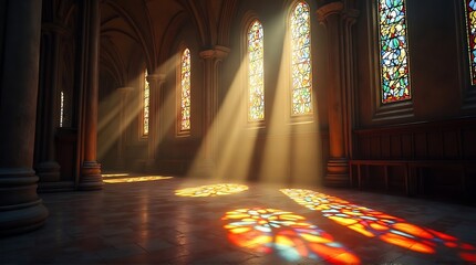 Sunlight streams through stained glass windows, illuminating the interior of a grand cathedral with colorful patterns on the floor.