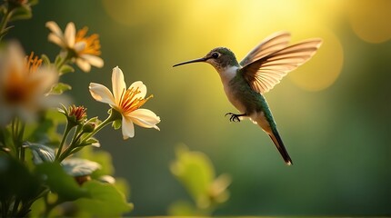 A tiny hummingbird hovers in mid-air, its wings outstretched, reaching for nectar from a delicate white flower bathed in warm golden sunlight.