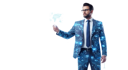A businessman in a suit using futuristic technology , isolated on transparent background