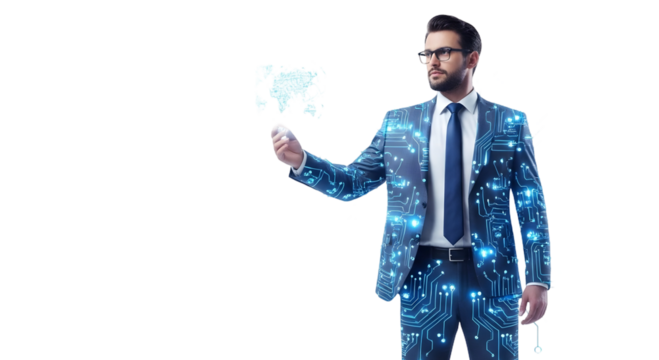 A businessman in a suit using futuristic technology , isolated on transparent background