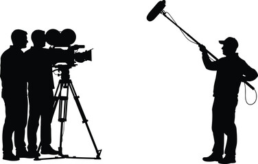 Film production silhouette vector, movie camera crew, boom mic operator, filmmaking scene, black graphic, CAD drawing, flat vector illustration © LatifunNahar