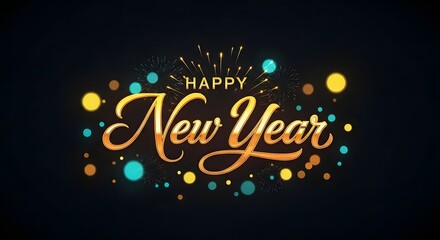 Sparkling golden happy new year text with colorful bokeh lights and festive confetti on a dark background
