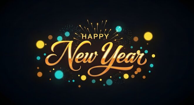 Sparkling golden happy new year text with colorful bokeh lights and festive confetti on a dark background - Powered by Adobe