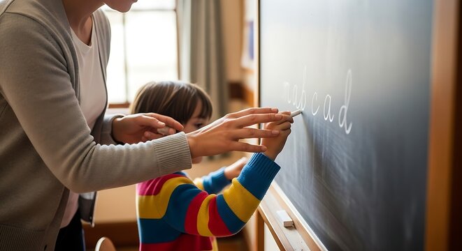 Teacher Helping Child Write Word on Blackboard in Classroom
