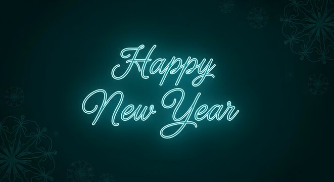 Glowing turquoise neon text that says happy new year against a dark textured background with subtle snowflake patterns