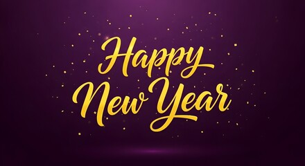 Elegant golden happy new year text with falling confetti on a dark purple gradient background